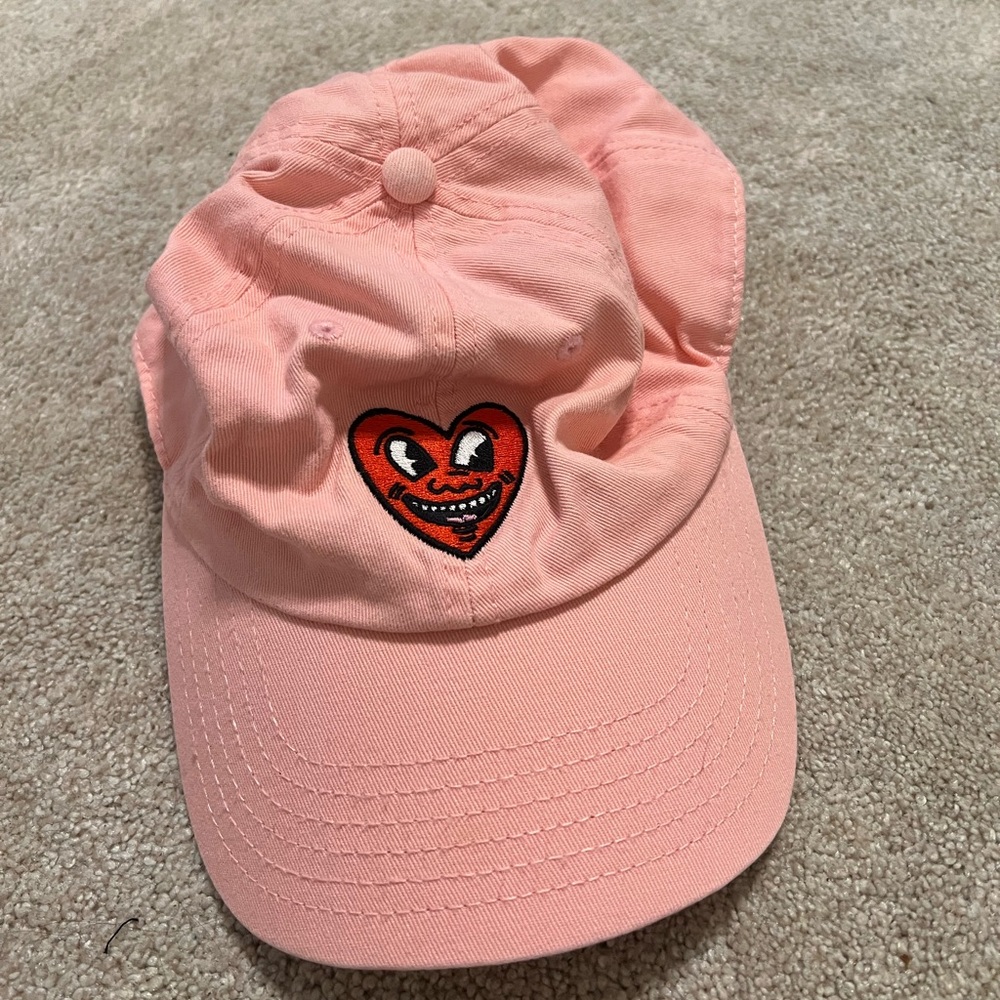 Keith Haring Heart Slideback Hat Pink OSFM Adjsutable Embroidered 6 Panel Cotton